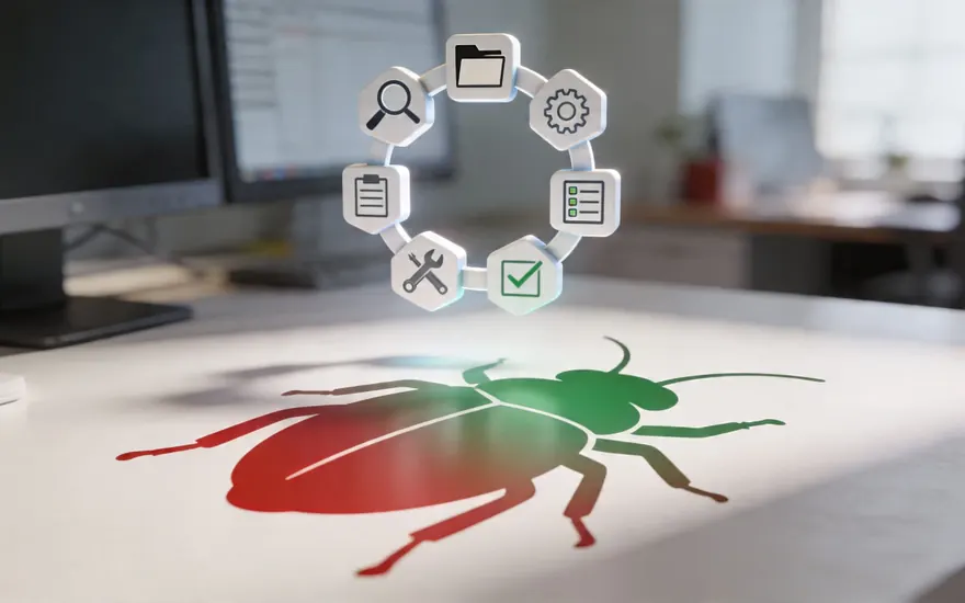 Defect management workflow with bug tracking icons