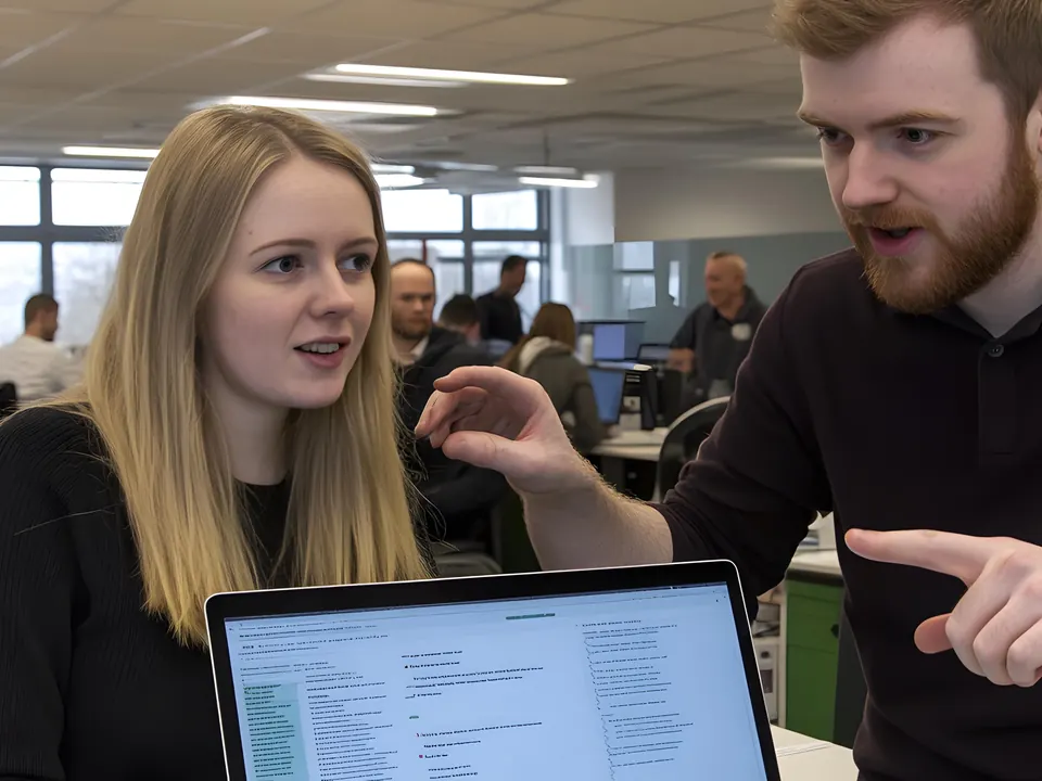 Two colleagues discussing QA requirements at a laptop