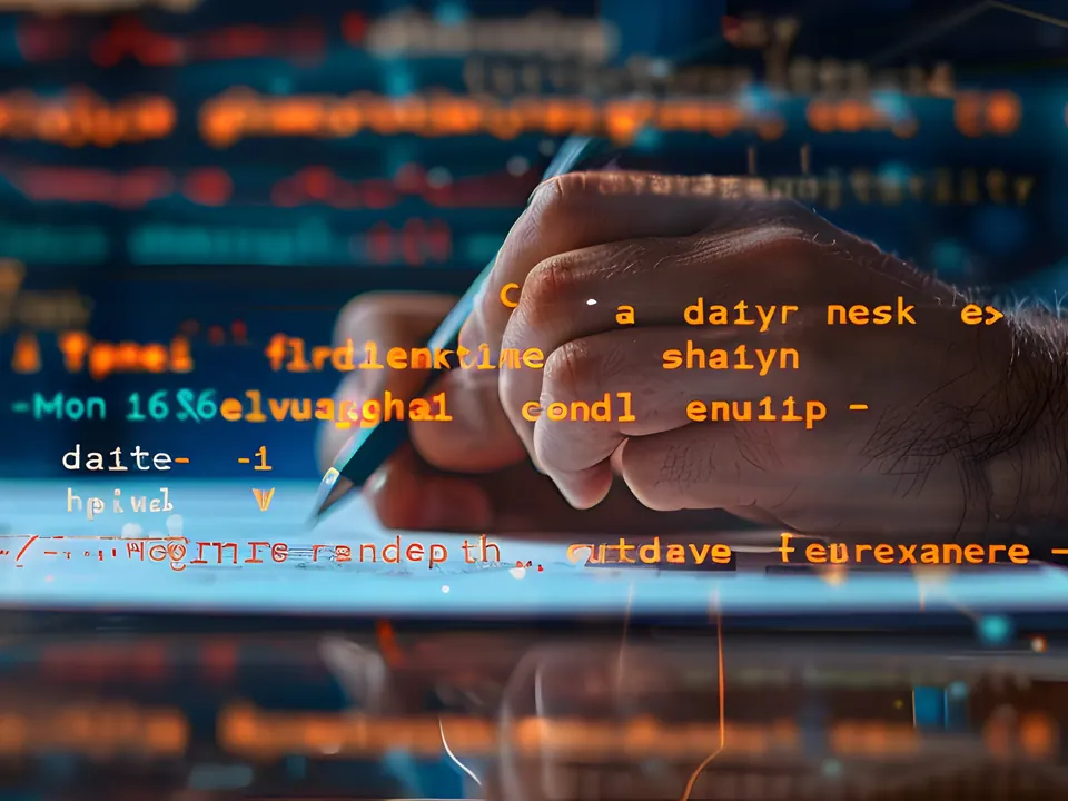 Software developer writing code with digital overlays